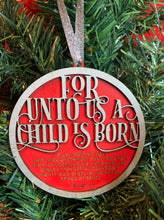 Load image into Gallery viewer, Christmas Ornament: For Unto Us a Child is Born SVG File Glowforge Ready Laser