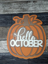 Load image into Gallery viewer, Hello October Pumpkin Porch Sign SVG Door Hanger Laser Ready File