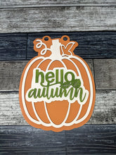 Load image into Gallery viewer, Hello Autumn Pumpkin Porch Sign SVG Door Hanger Laser Ready File