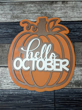 Load image into Gallery viewer, Hello October Pumpkin Porch Sign SVG Door Hanger Laser Ready File